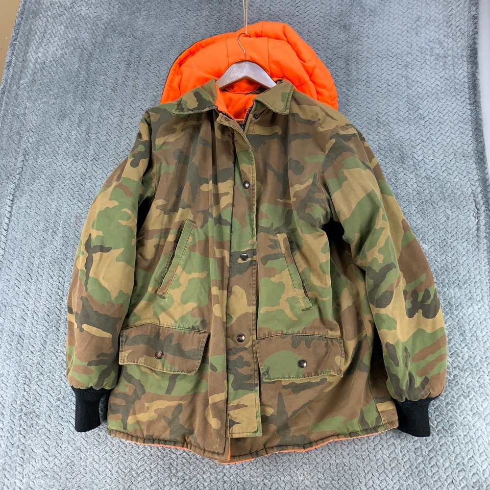 Vintage Johnson Garment Camo Hunting Jacket Mens Medium Orange Liner Made in USA